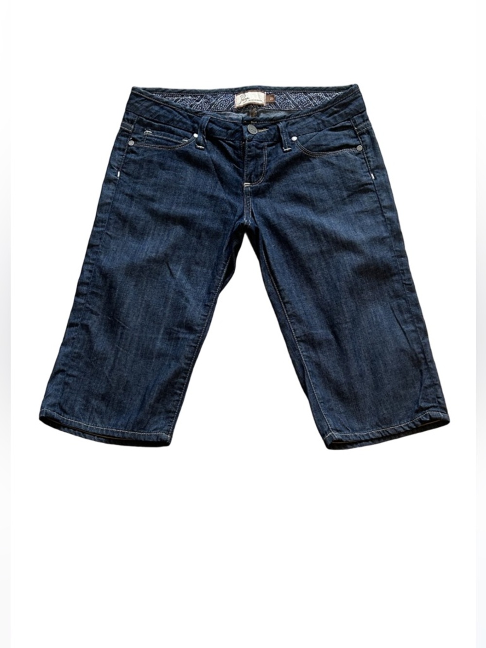 PAIGE Dark Low Rise Bermuda Long Denim Shorts
